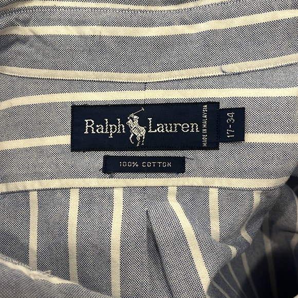 RALPH LAUREN Men’s Blue/White Striped Oxford Shirt - Size 17-34 - Picture 3 of 4